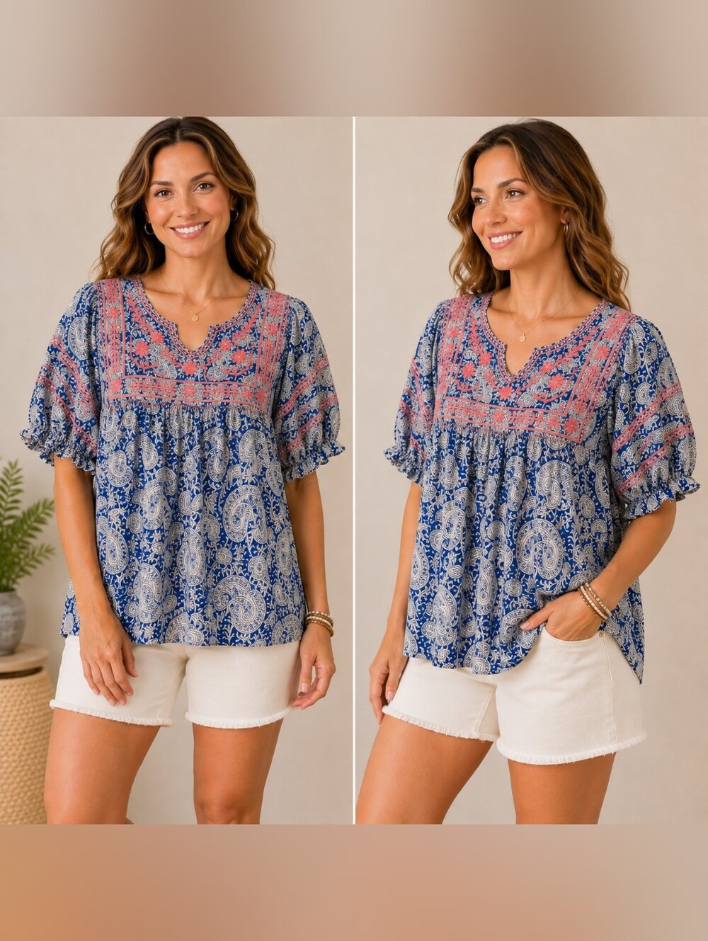 Sister Mary M Blue White Paisley Pink Embroidered Boho Peasant Top A-261